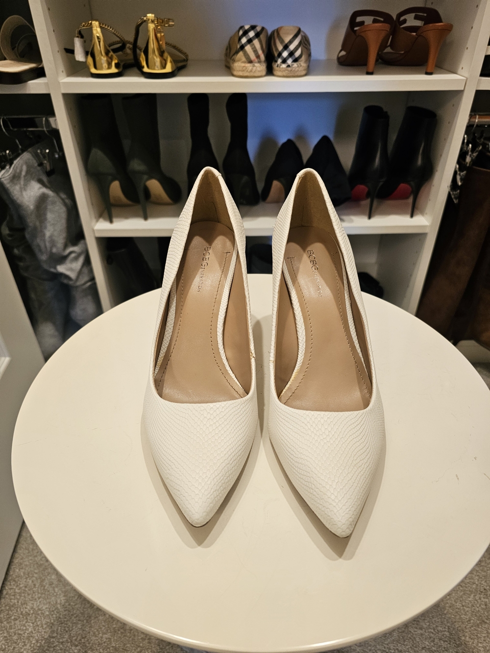 BCBGeneration White Textured Pointed-Toe Pumps